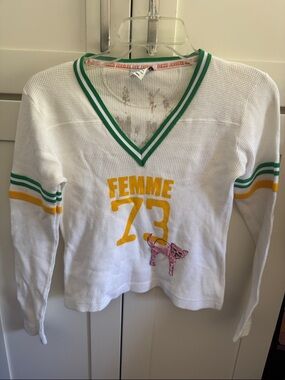 Femme Arsenal 73 V-Neck Waffle Knit Long Sleeve Top - White/Yellow/Green